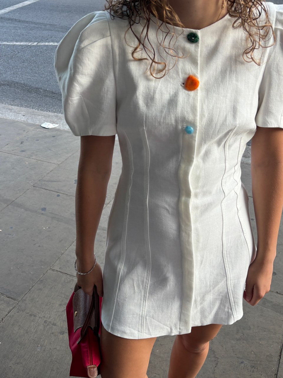 Zara White Puff-Sleeve Mini Dress with Colorful Buttons