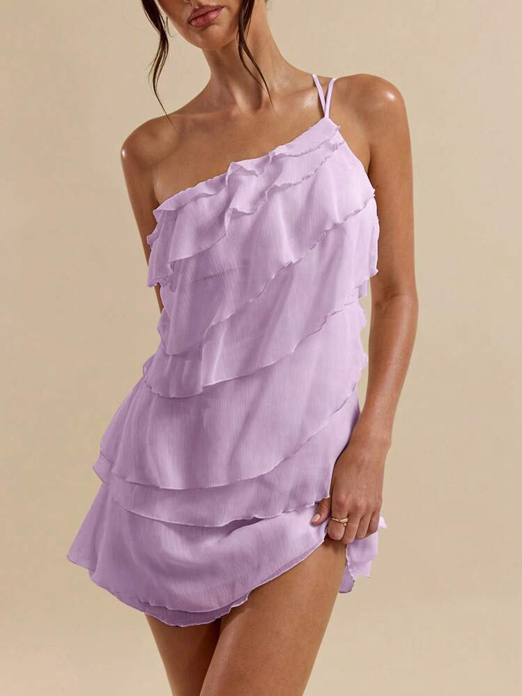 One shoulder purple mini ruffle dress