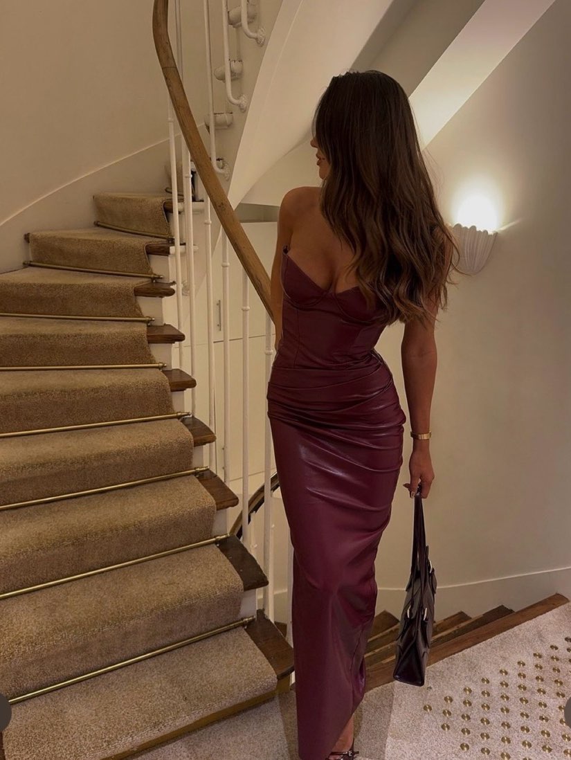 Burgundy Faux Leather Strapless Midi Dress