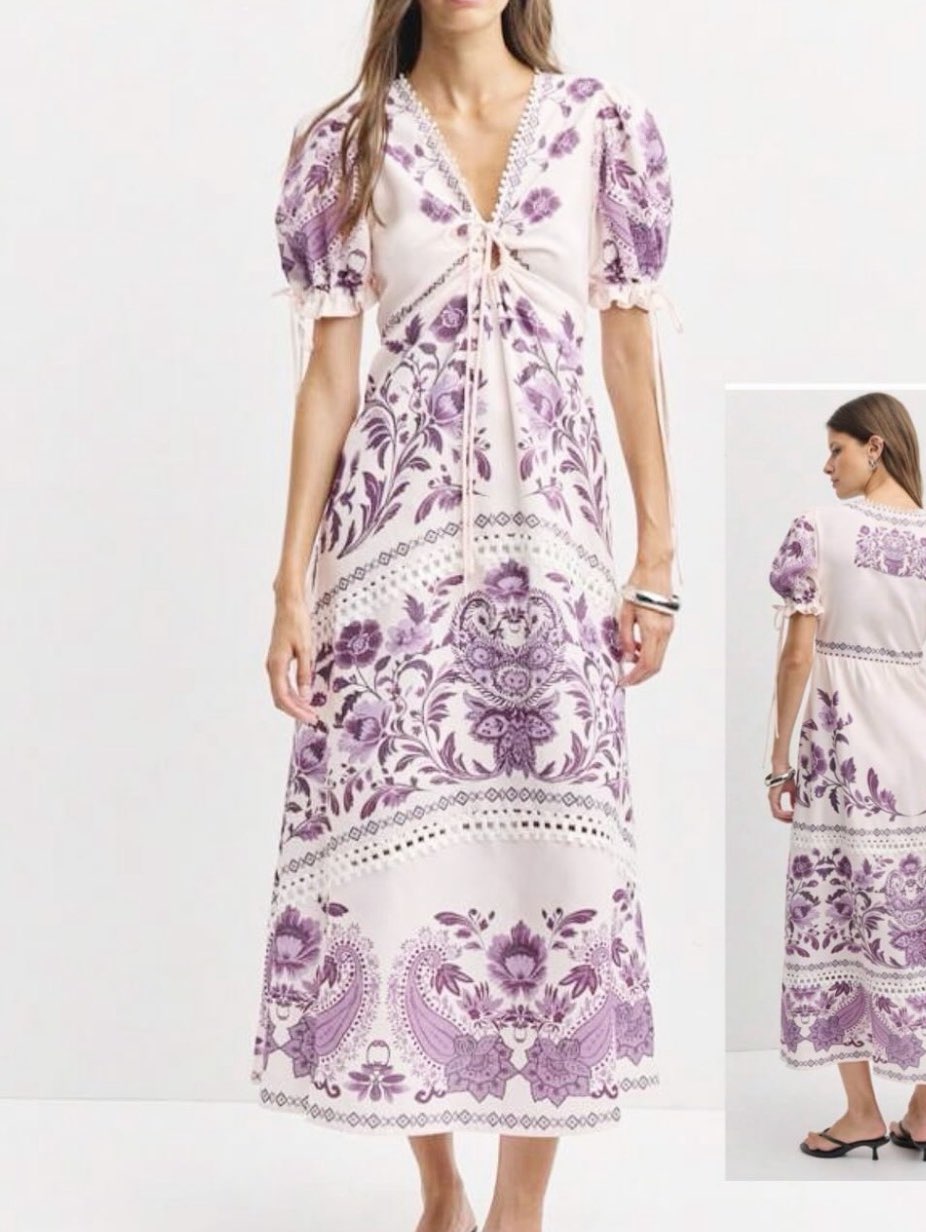 Lavender Floral Tie-Front Midi Dress