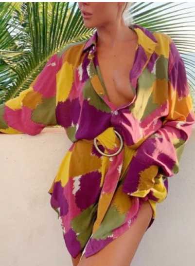 Abstract Print Belted Shirt Dress