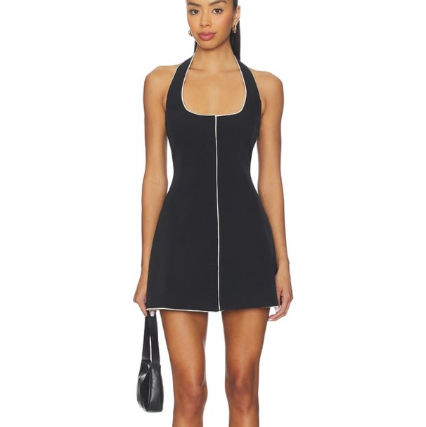 SNDYS Black Halter Mini Dress with White Piping