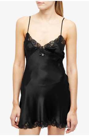 Black Lace Trim Satin Slip Dress