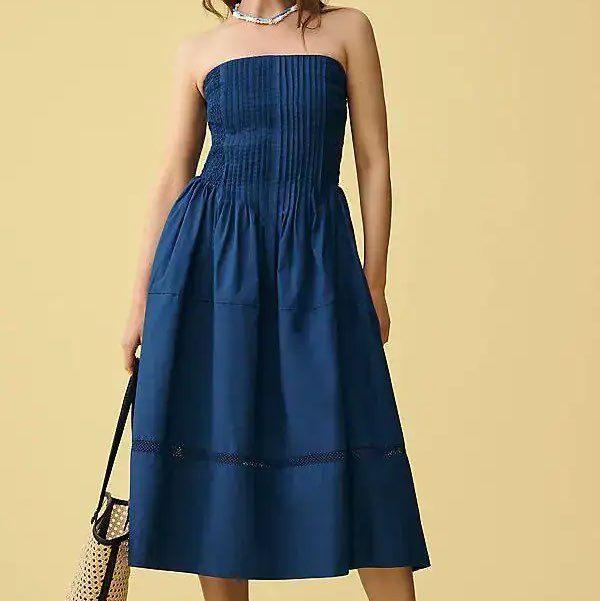 Cotton Poplin Strapless Midi Dress
