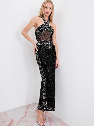 Black Sequin Halter Gown with Mesh Detail