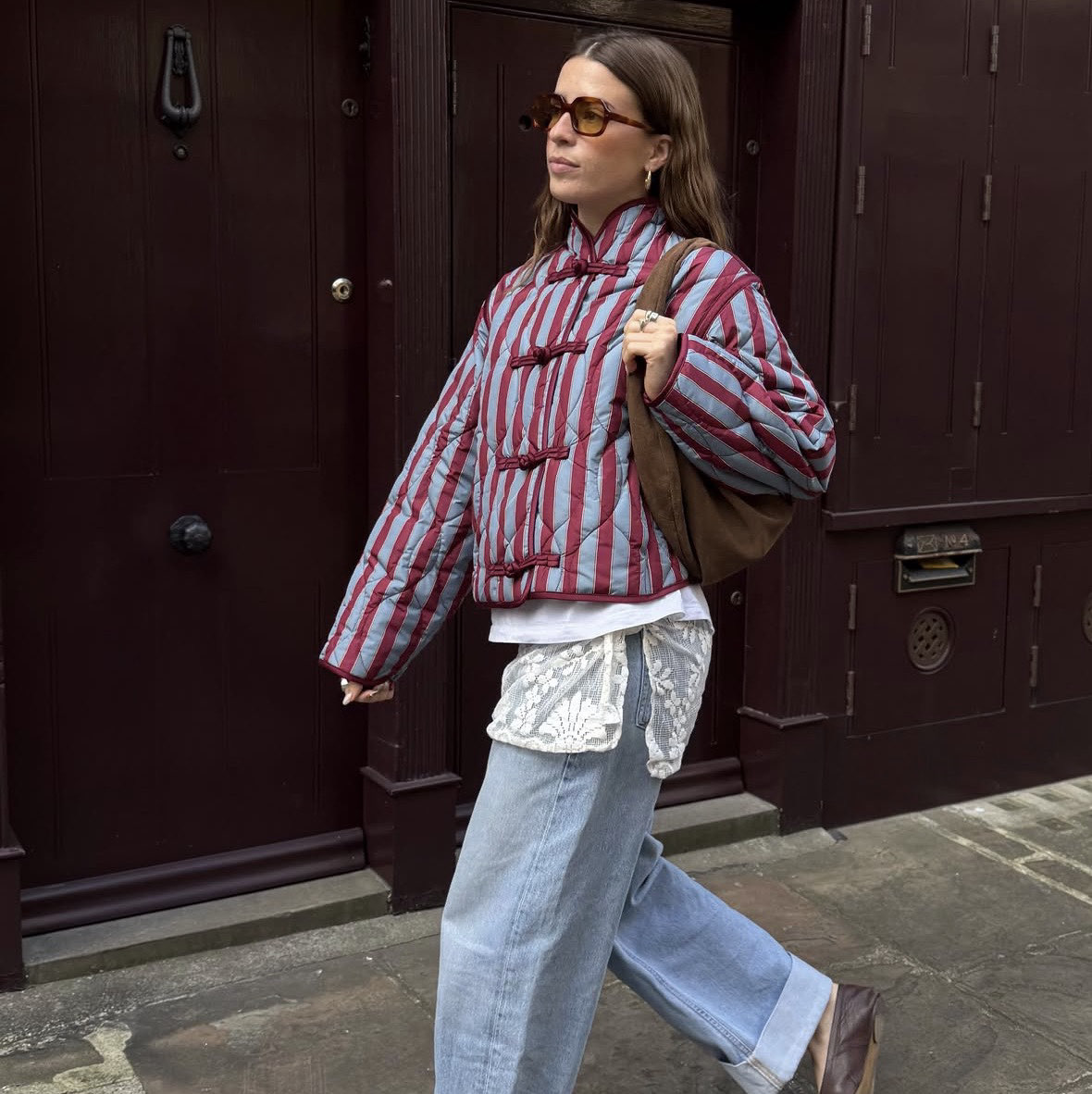 Zara Spain Striped Quilted Mandarin Collar Jacket