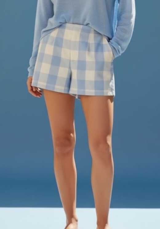 Light Blue Gingham Pleated Shorts