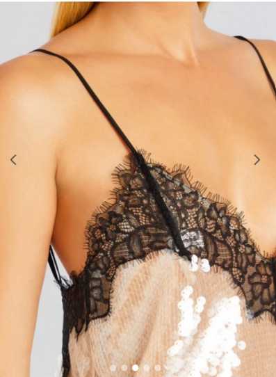 Champagne Sequin Slip Dress with Black Lace