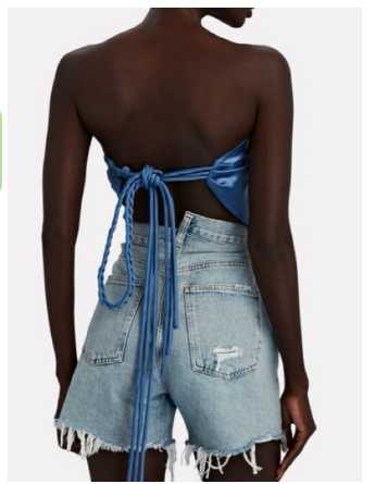 Blue Satin Handkerchief Hem Strapless Top