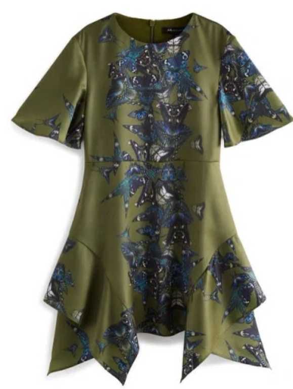 Marchesa Notte Olive Green Butterfly Print Dress