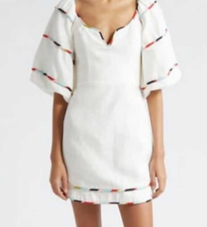 White Puff Sleeve Mini Dress with Colorful Trim