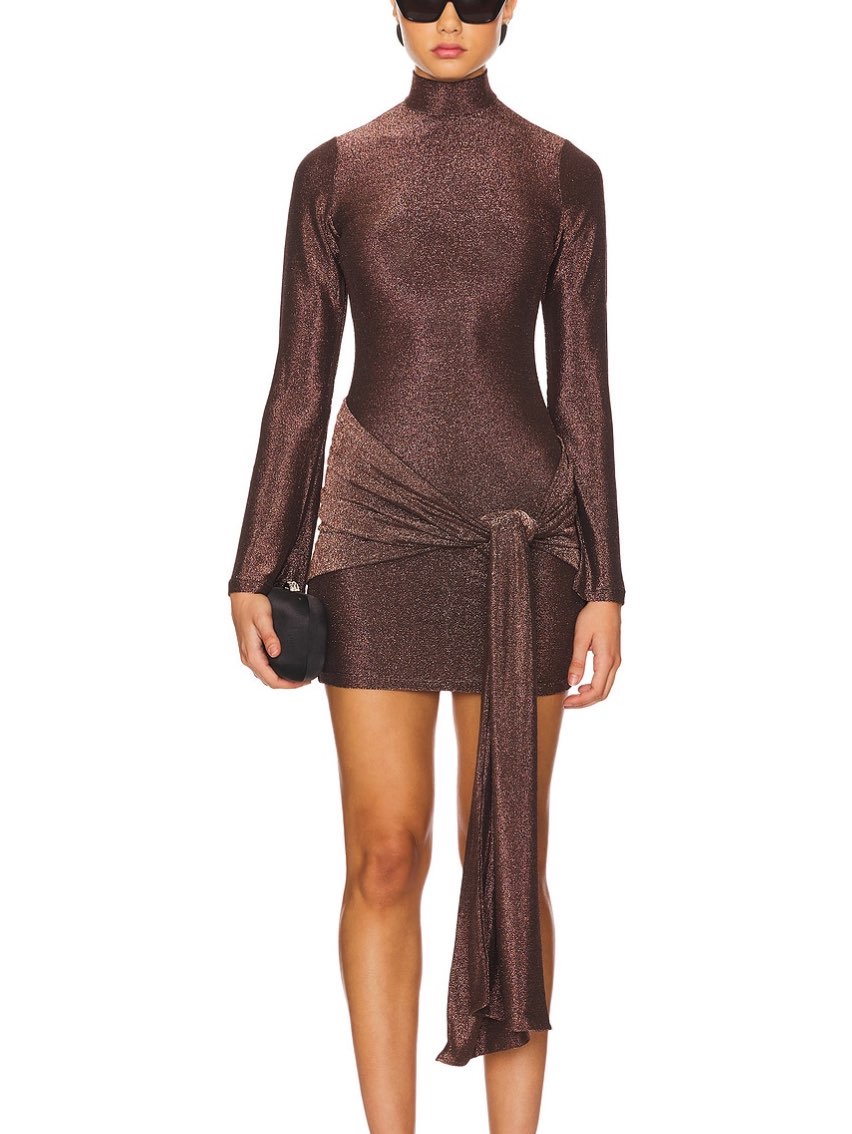 Metallic Bronze High-Neck Mini Dress with Knot Detail