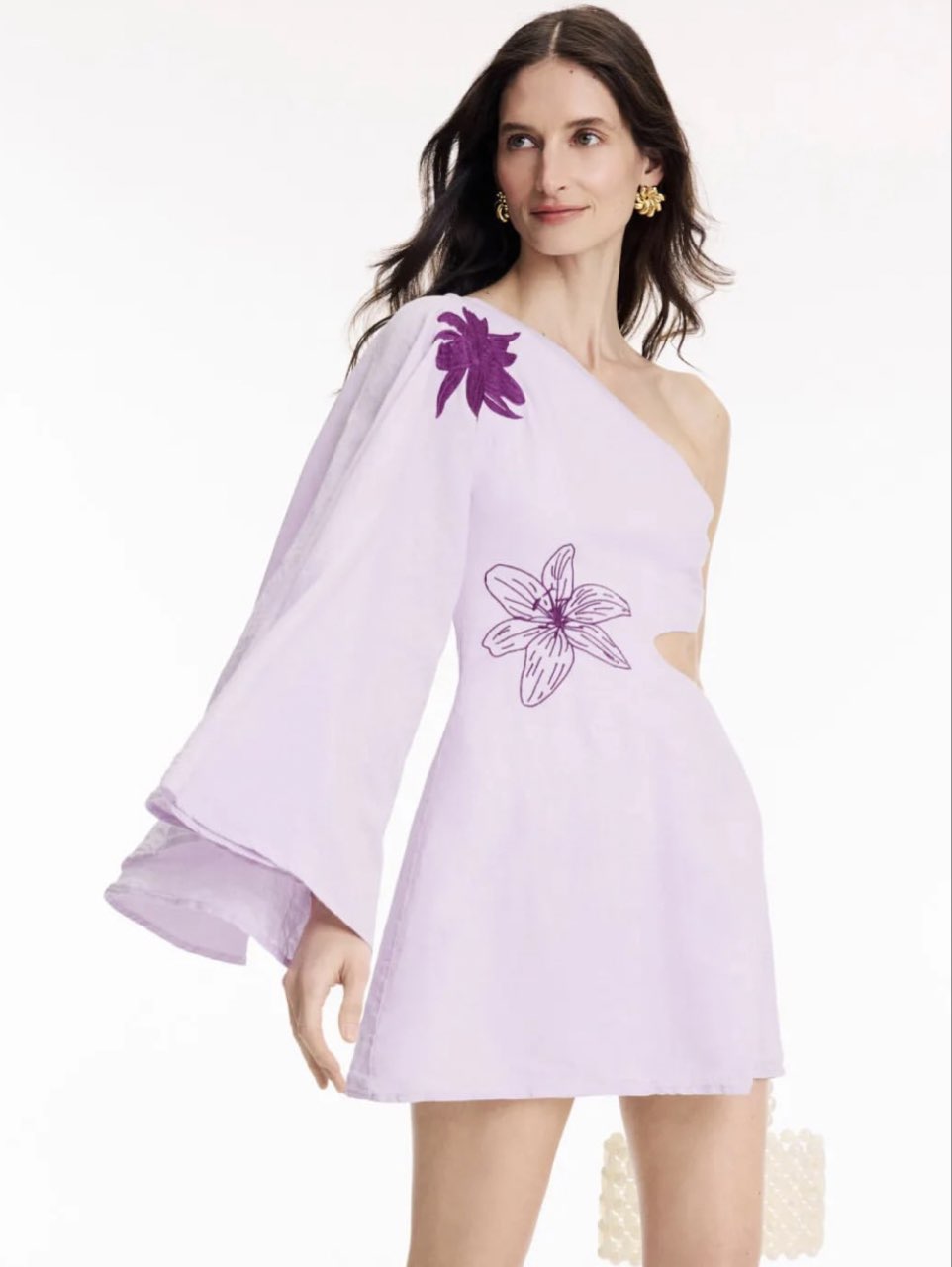 Lilac Floral Embroidered One-Shoulder Cutout Mini Dress