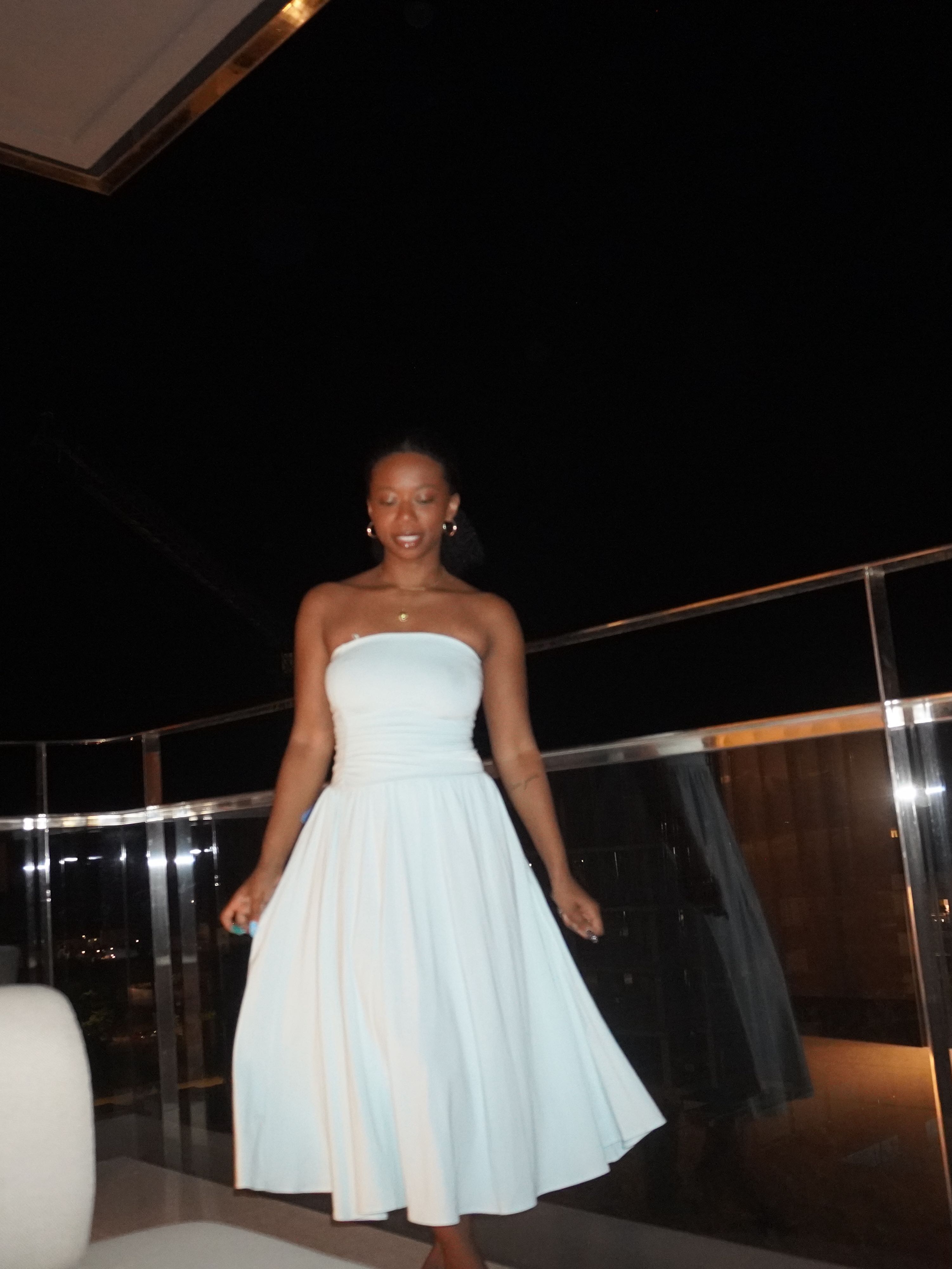 light blue, strapless midi dress