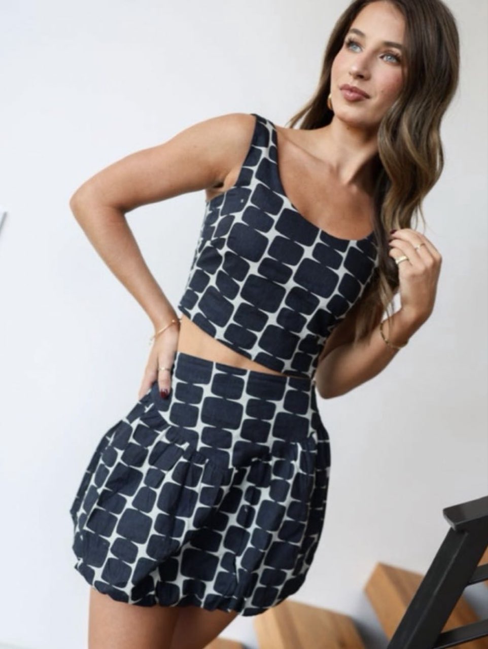 Black and White Printed Crop Top and Skirt Set