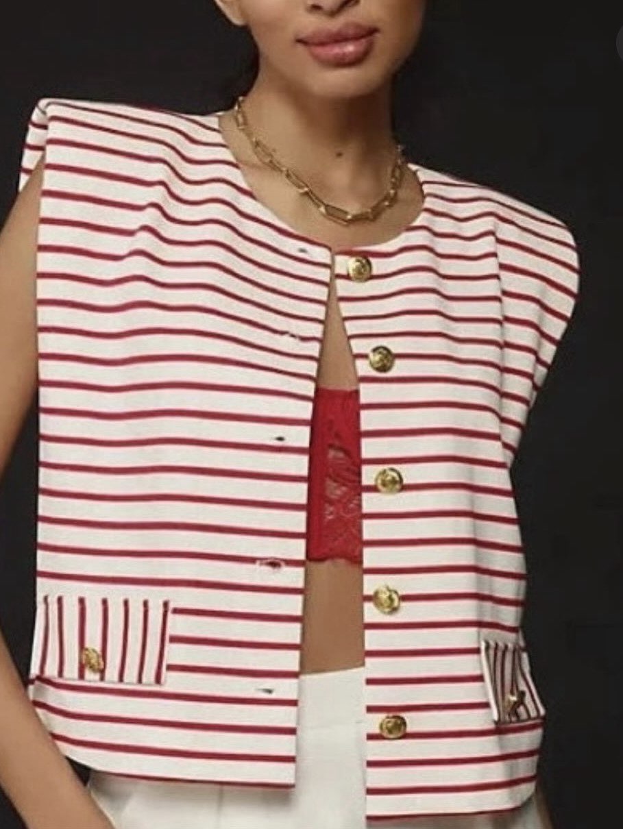 Red and White Striped Sleeveless Button-Up Top