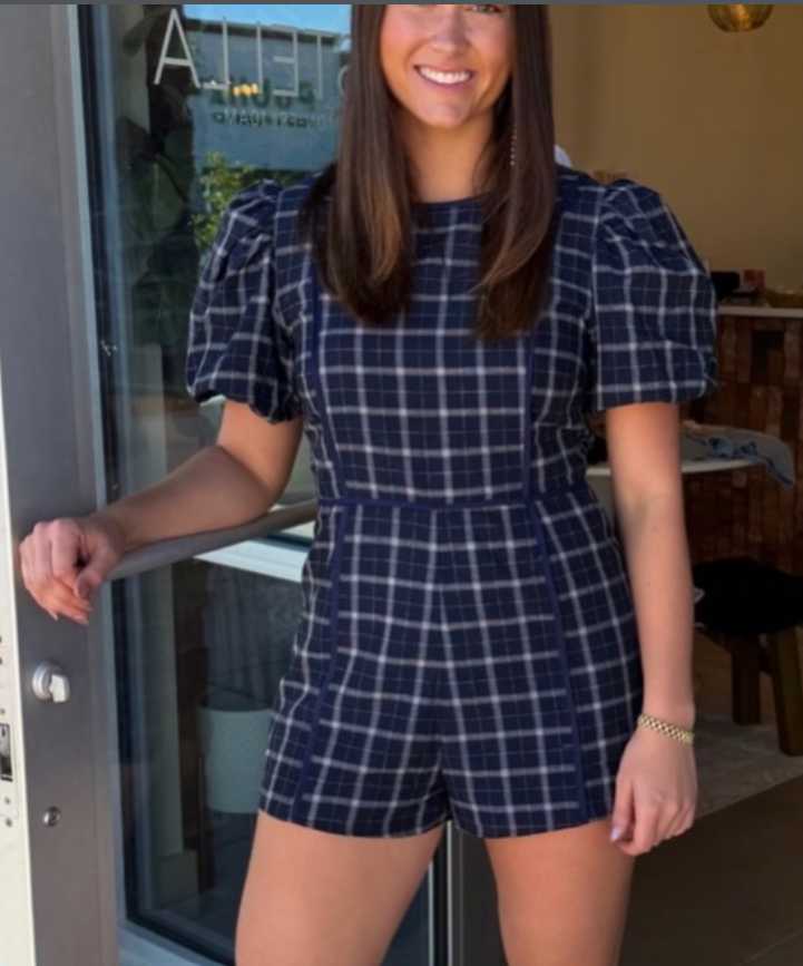 Navy Plaid Puff Sleeve Romper
