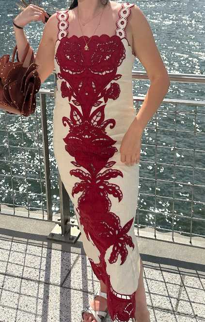 Cream and Red Embroidered Maxi Dress