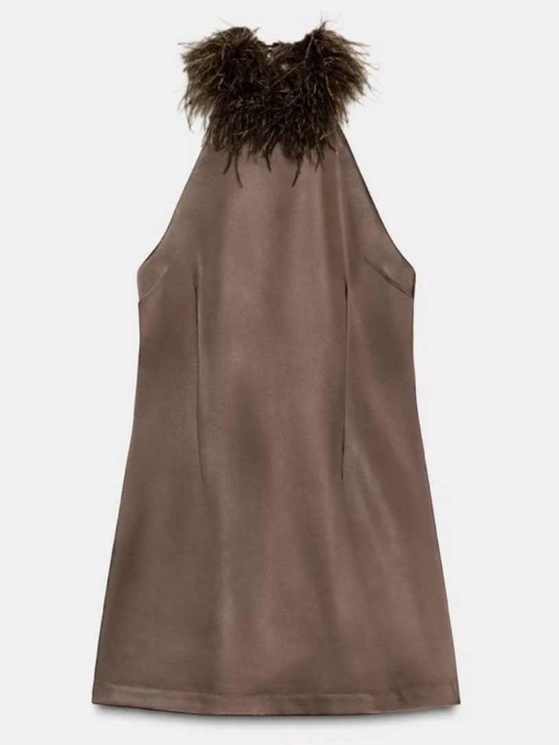 Brown Satin Mini Dress with Feather Neckline