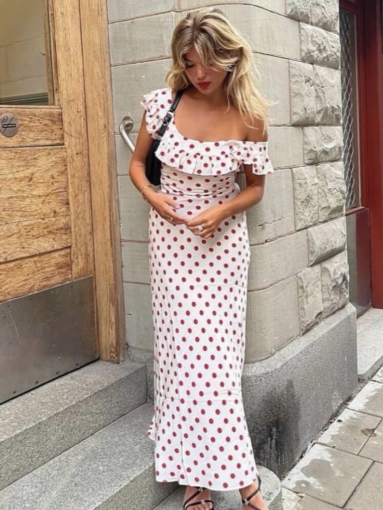 White Polka Dot Ruffle Midi Dress