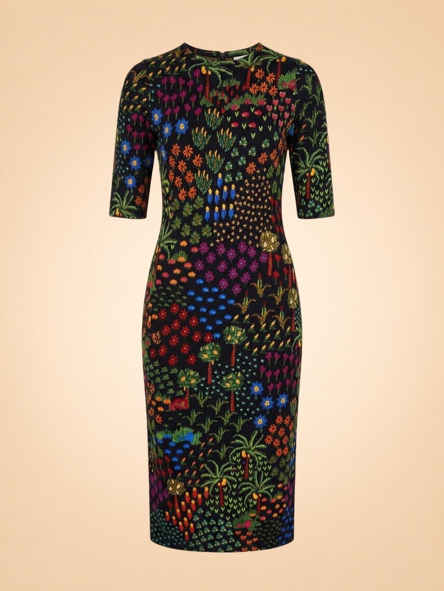 Botanical Print Knit Midi Dress