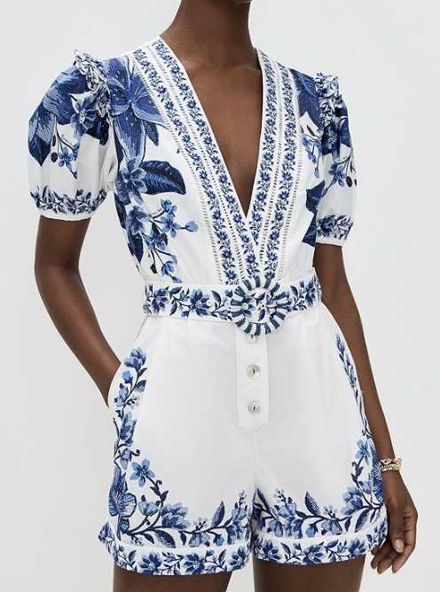White and Blue Embroidered Romper