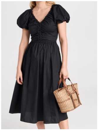 Black Puff Sleeve Ruched Midi Dress