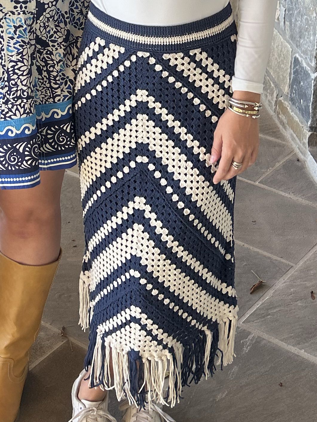 Navy and Cream Knitted Fringe Skirt