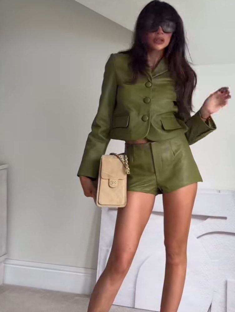 Olive Green Faux Leather Cropped Jacket and Shorts Set