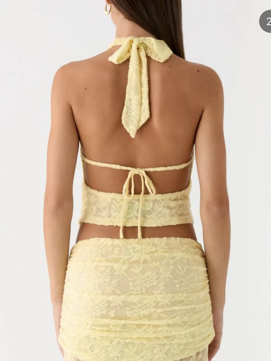 Yellow Lace Halter Top & Ruched Mini Skirt Set