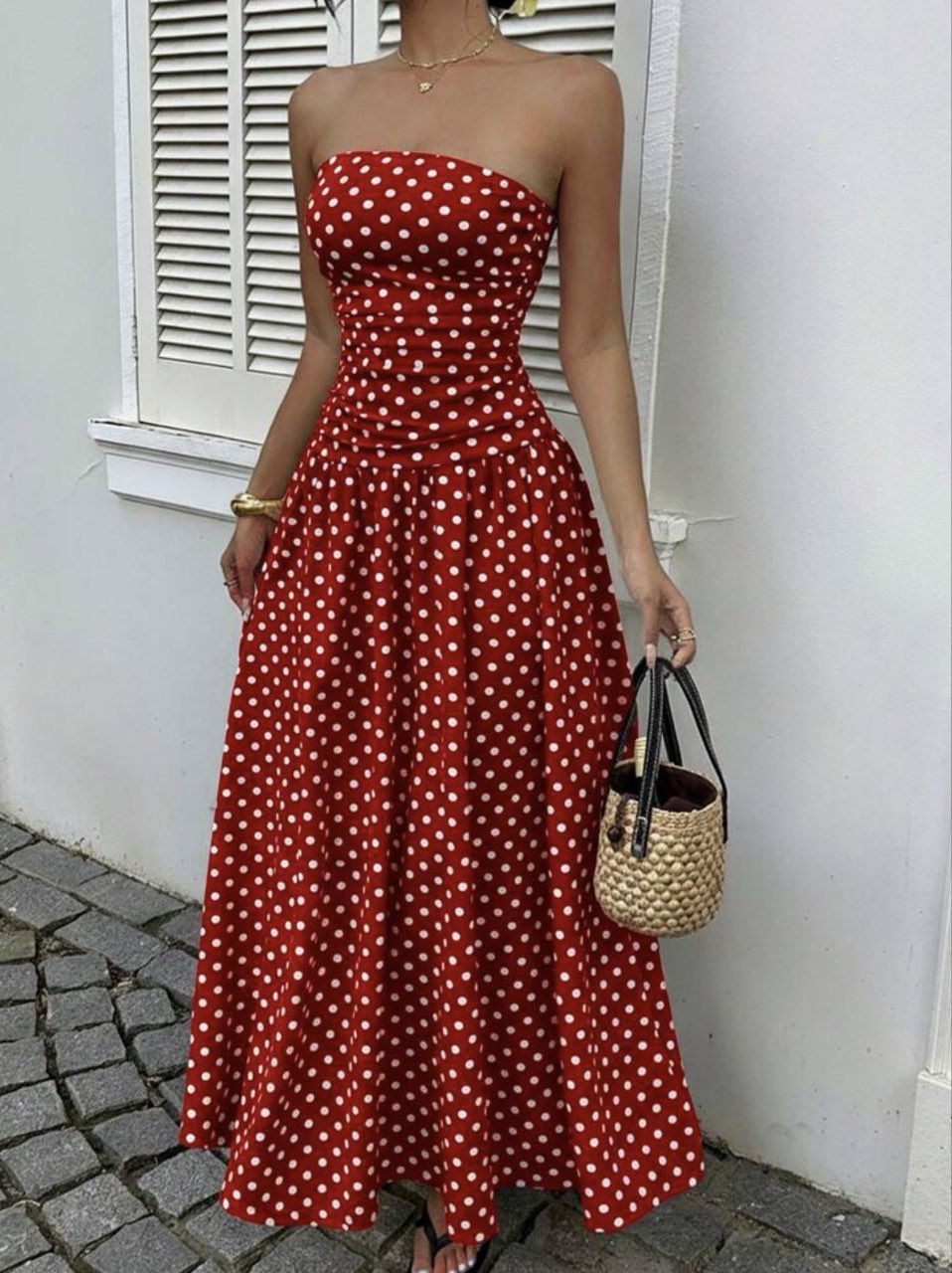 Red Polka Dot Strapless Dress