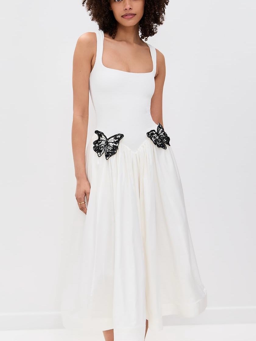 White Butterfly Applique Midi Dress