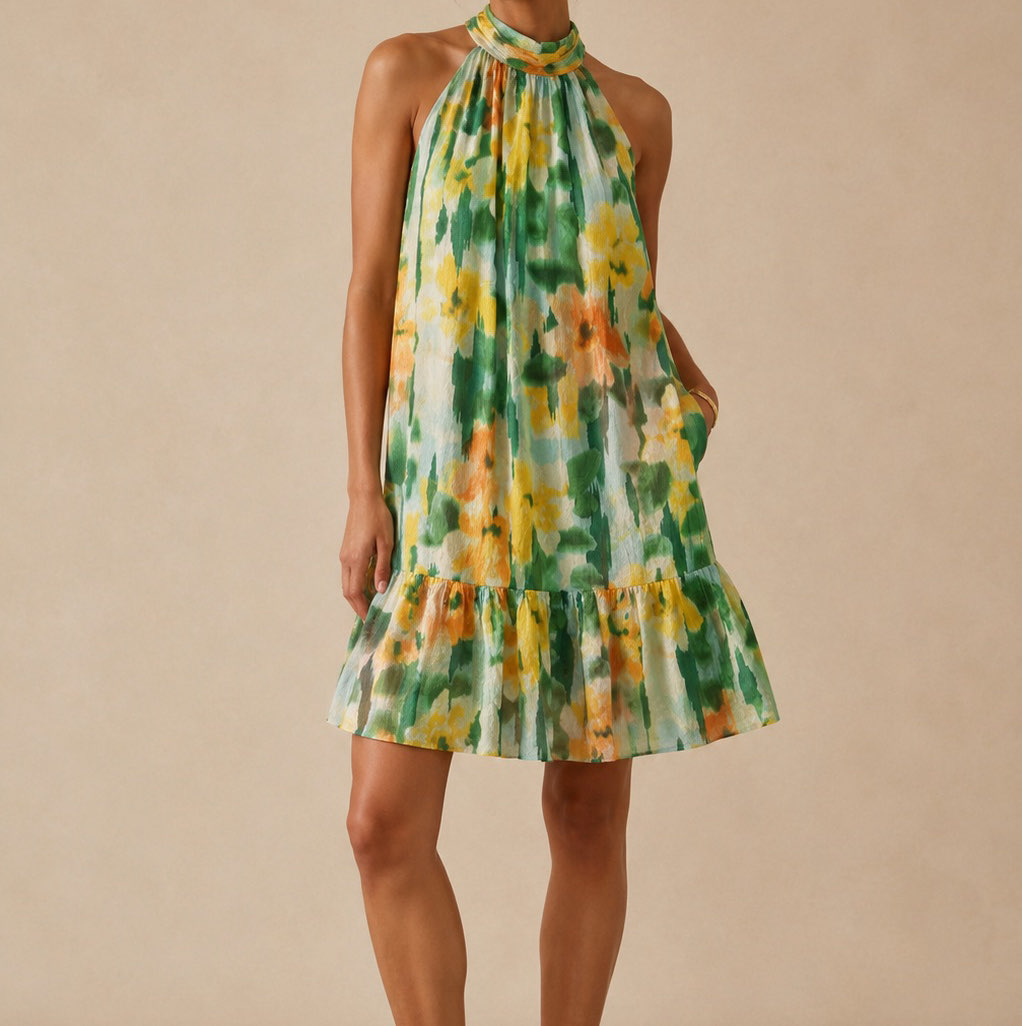 STATE Floral Halter Mini Dress in Green/Yellow/Orange