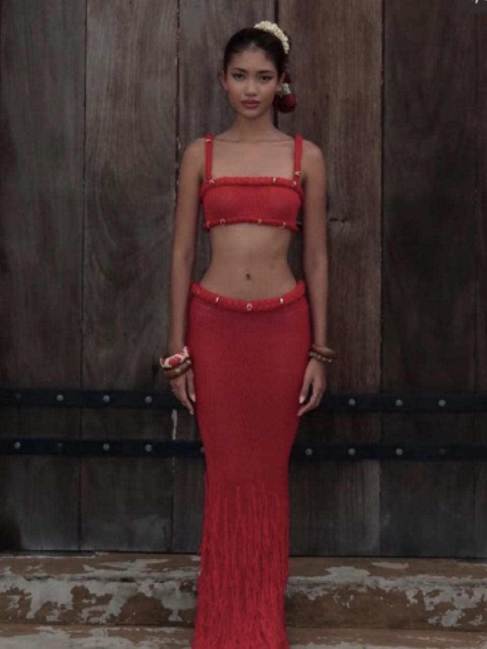 Red Crochet Crop Top and Maxi Skirt Set