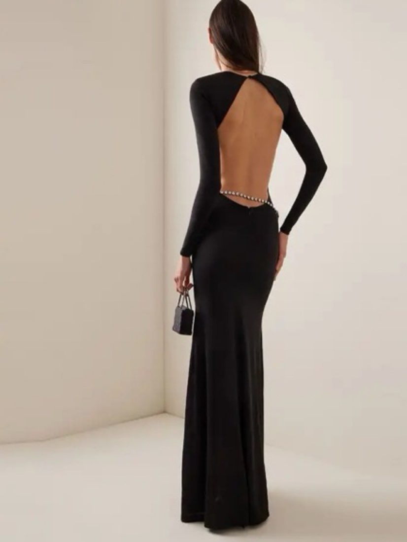 Black Open-Back Long Sleeve Maxi Dress
