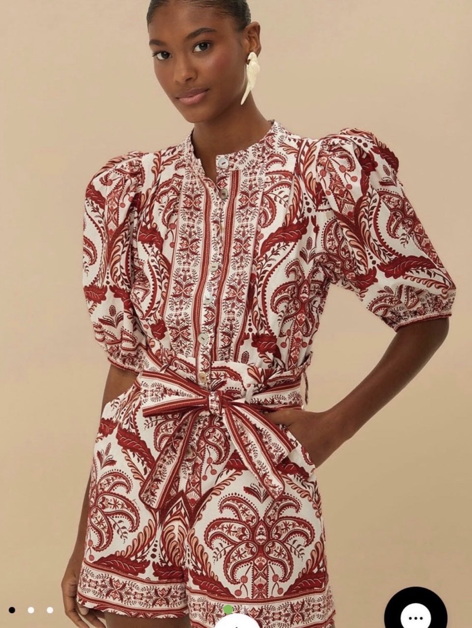 Red and White Printed Puff Sleeve Tie-Waist Romper
