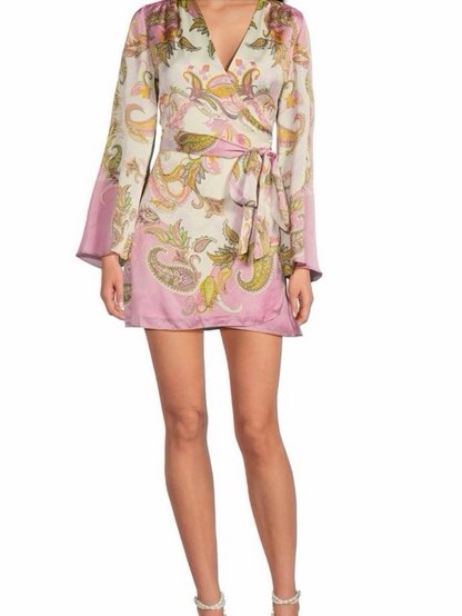 Jenni Paisley Printed Satin V-Neck Long Sleeve Mini Wrap Dress