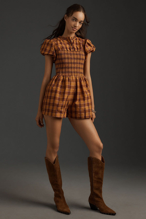 Plaid Puff Sleeve Romper