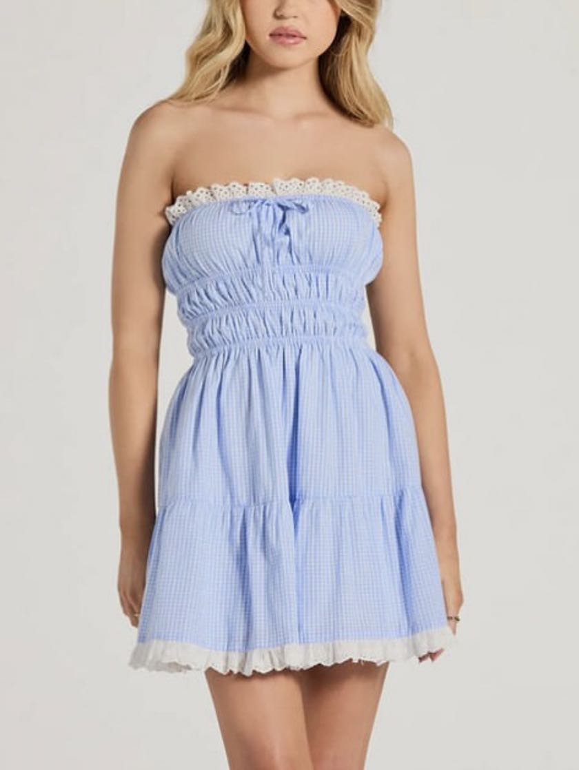Blue Strapless Smocked Mini Dress