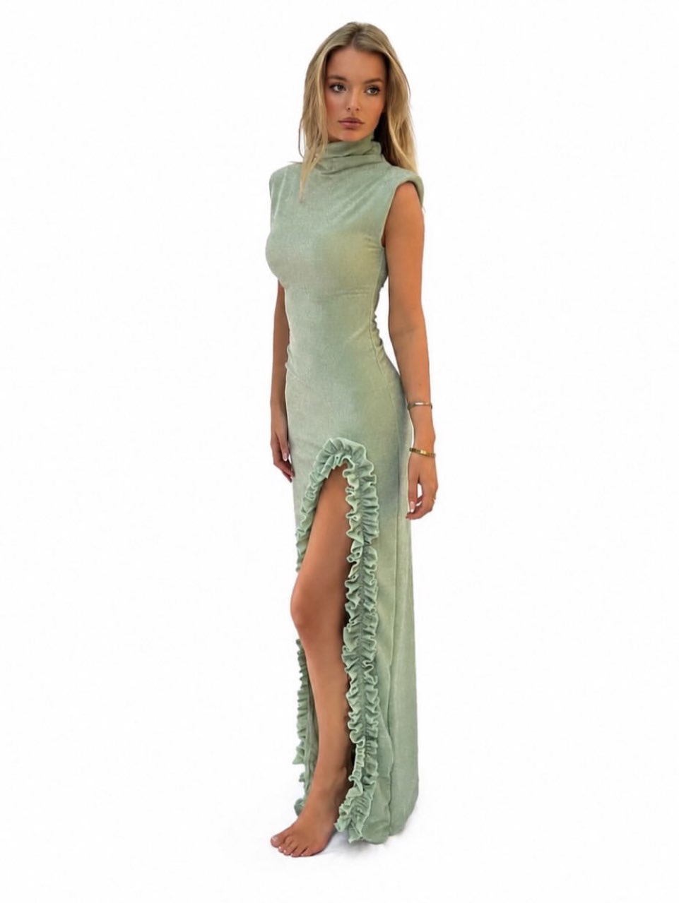 Sage Green Ruffle Slit Maxi Dress