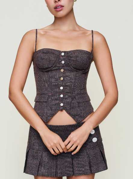 Brown Plaid Bustier Top and Pleated Mini Skirt Set