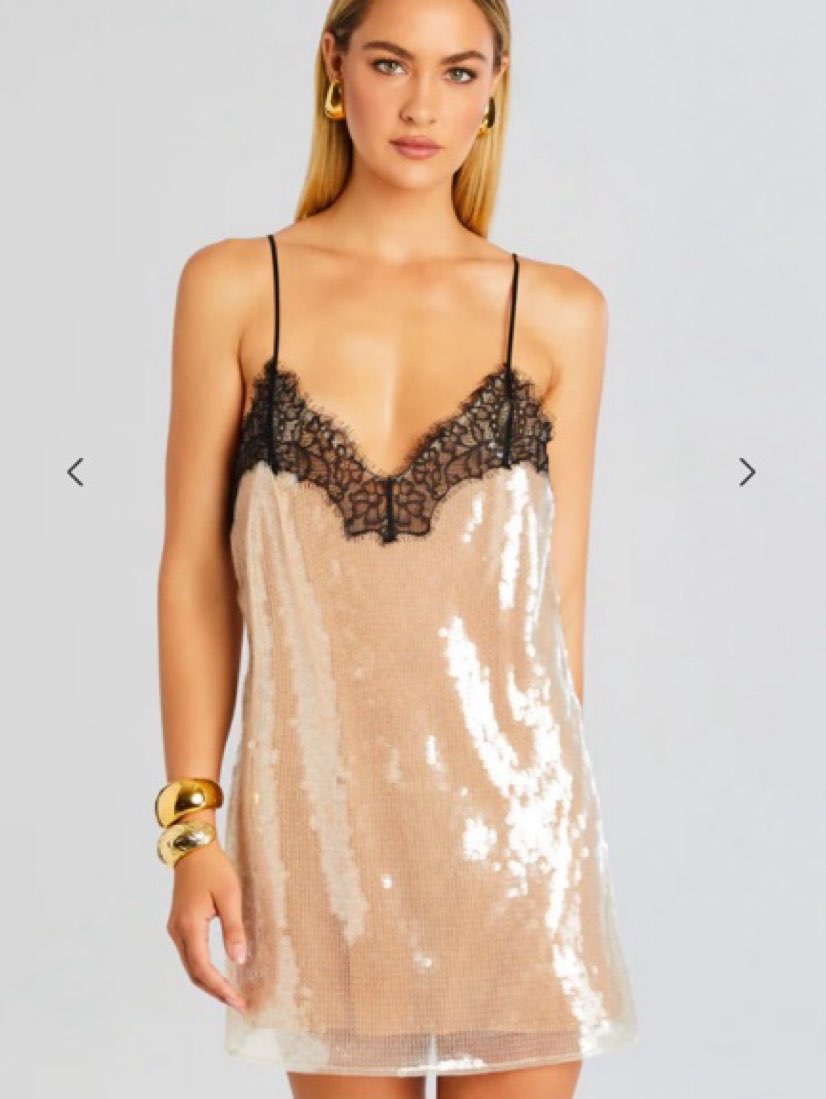 Champagne Sequin Mini Slip Dress with Black Lace