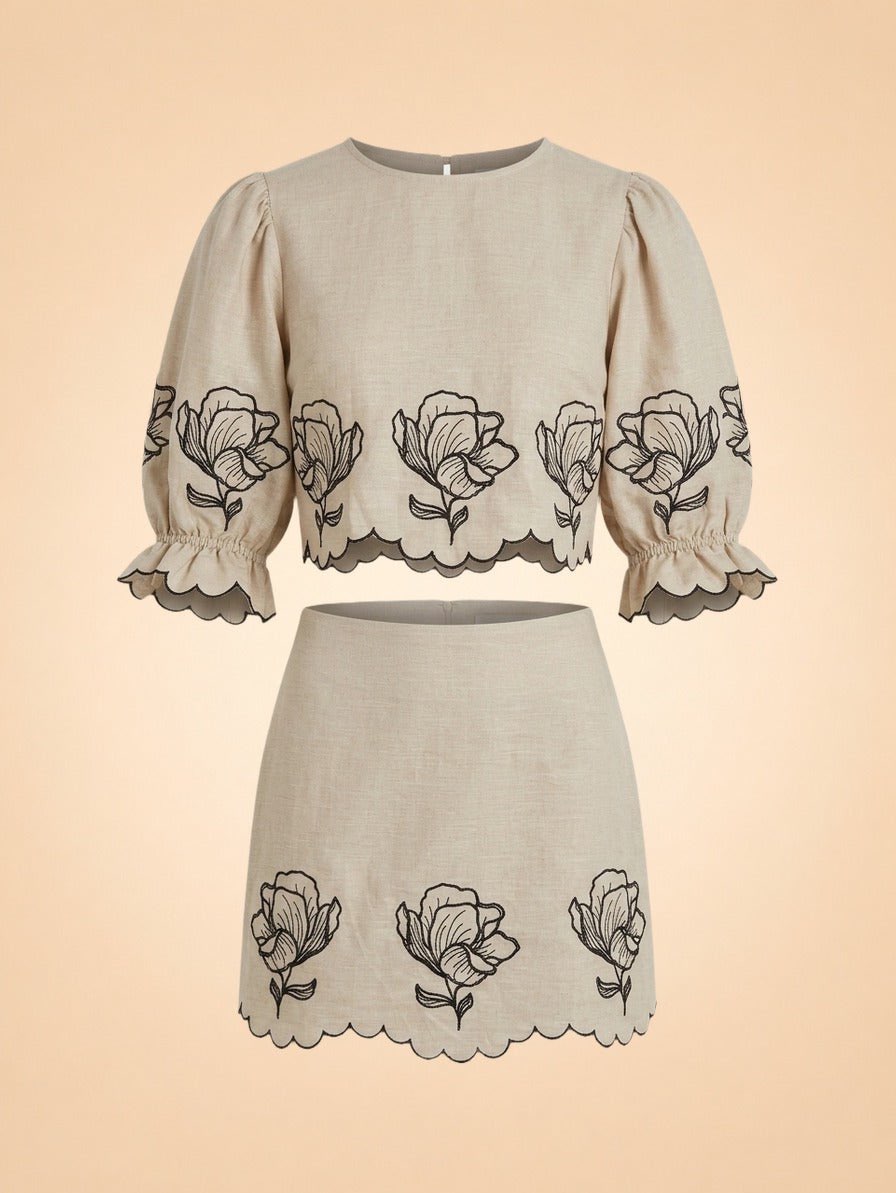 Joey Taupe Cropped Puff Sleeve Top and Matching Skirt