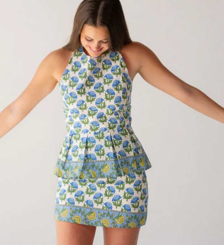 Blue Floral Peplum Mini Dress