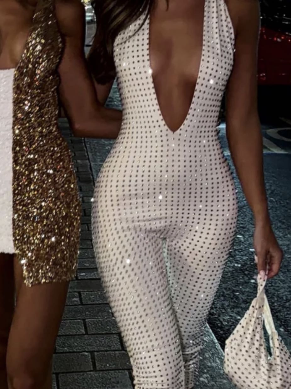 White Sequin Halter Jumpsuit