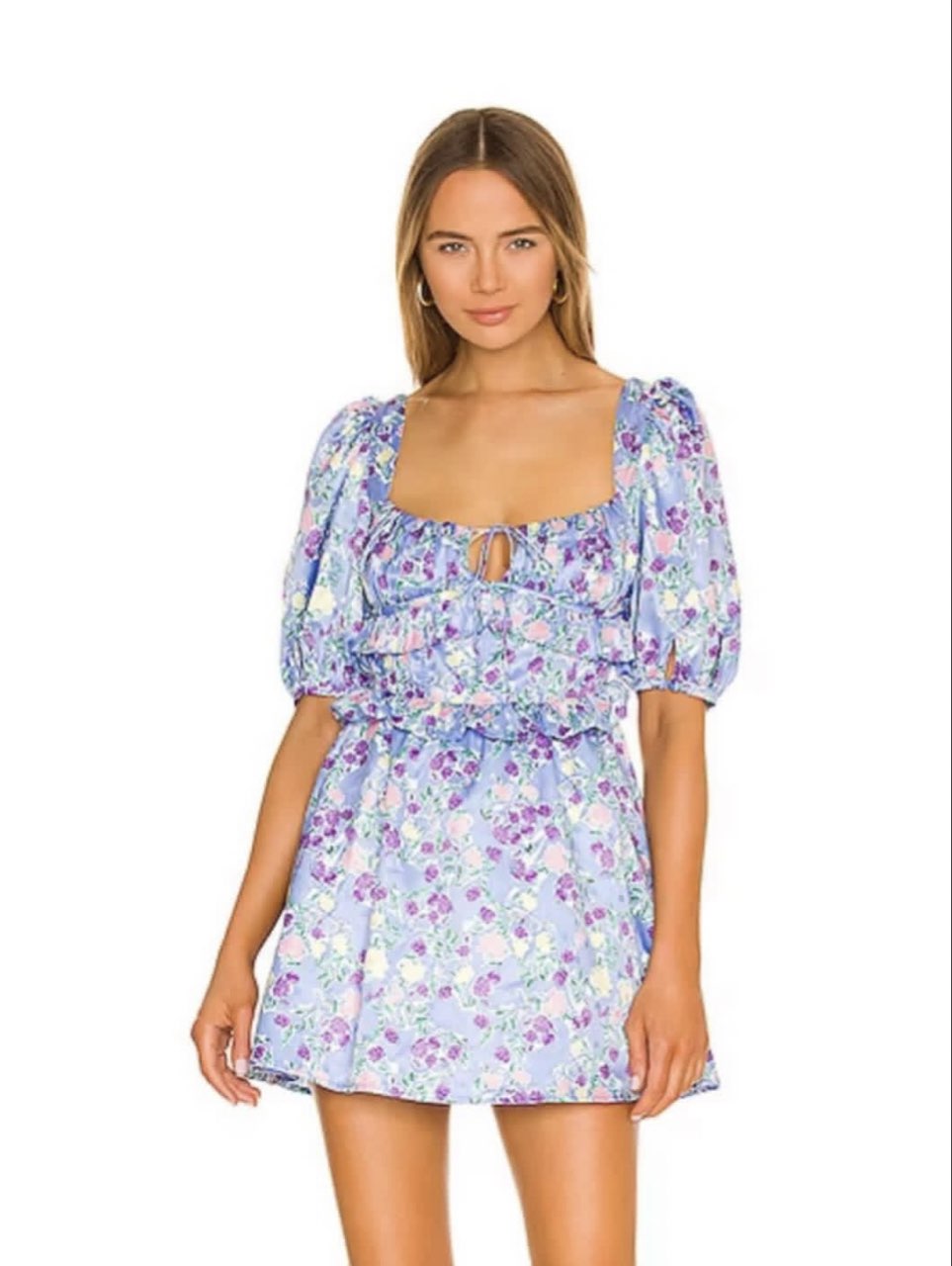 Light Blue Floral Puff Sleeve Mini Dress