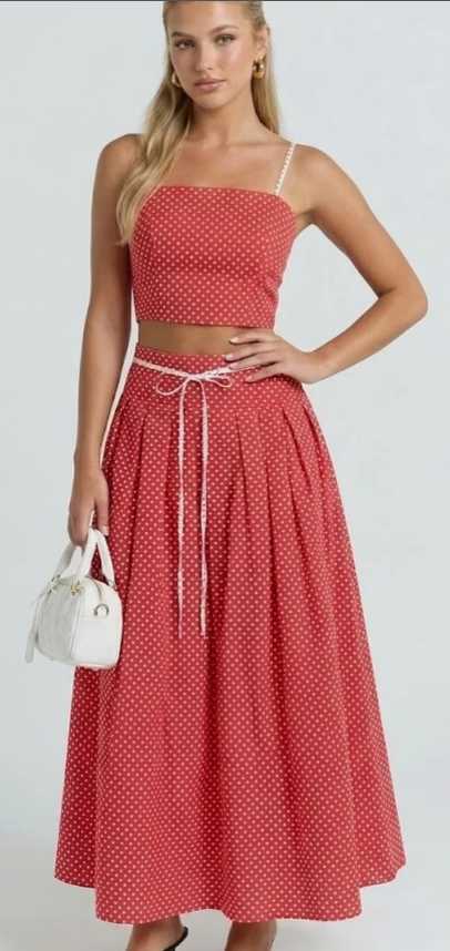 Red Polka Dot Crop Top & Pleated Midi Skirt Set