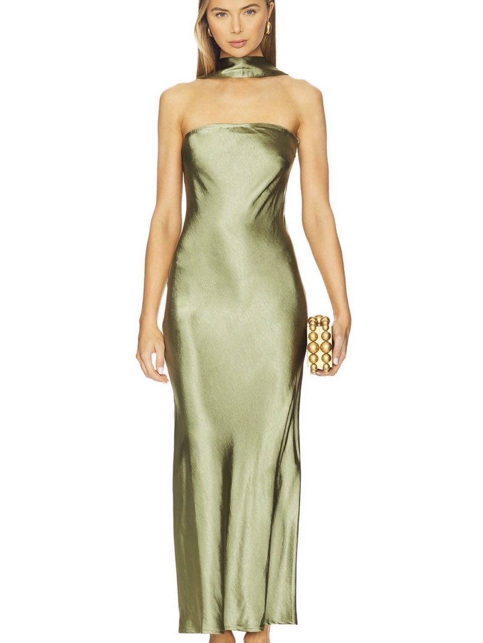 Olive Green Satin Choker Maxi Dress