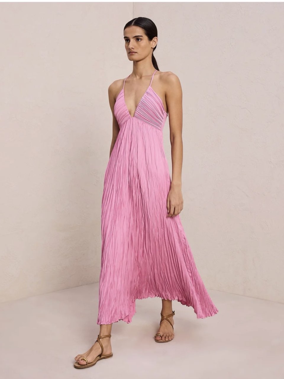 Pink Crinkled Halter Maxi Dress