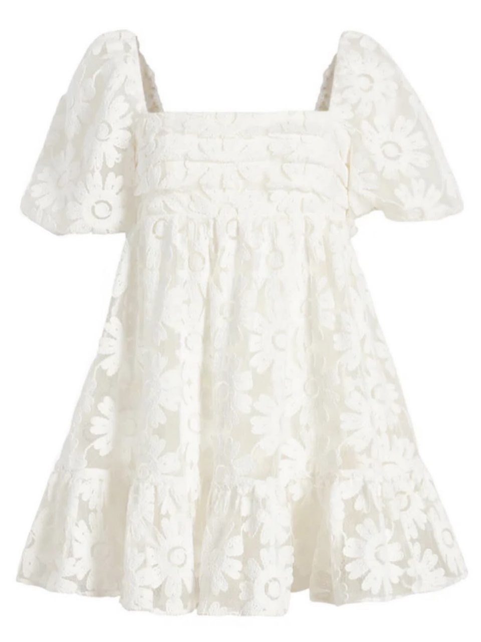 White Floral Embroidered Puff Sleeve Mini Dress